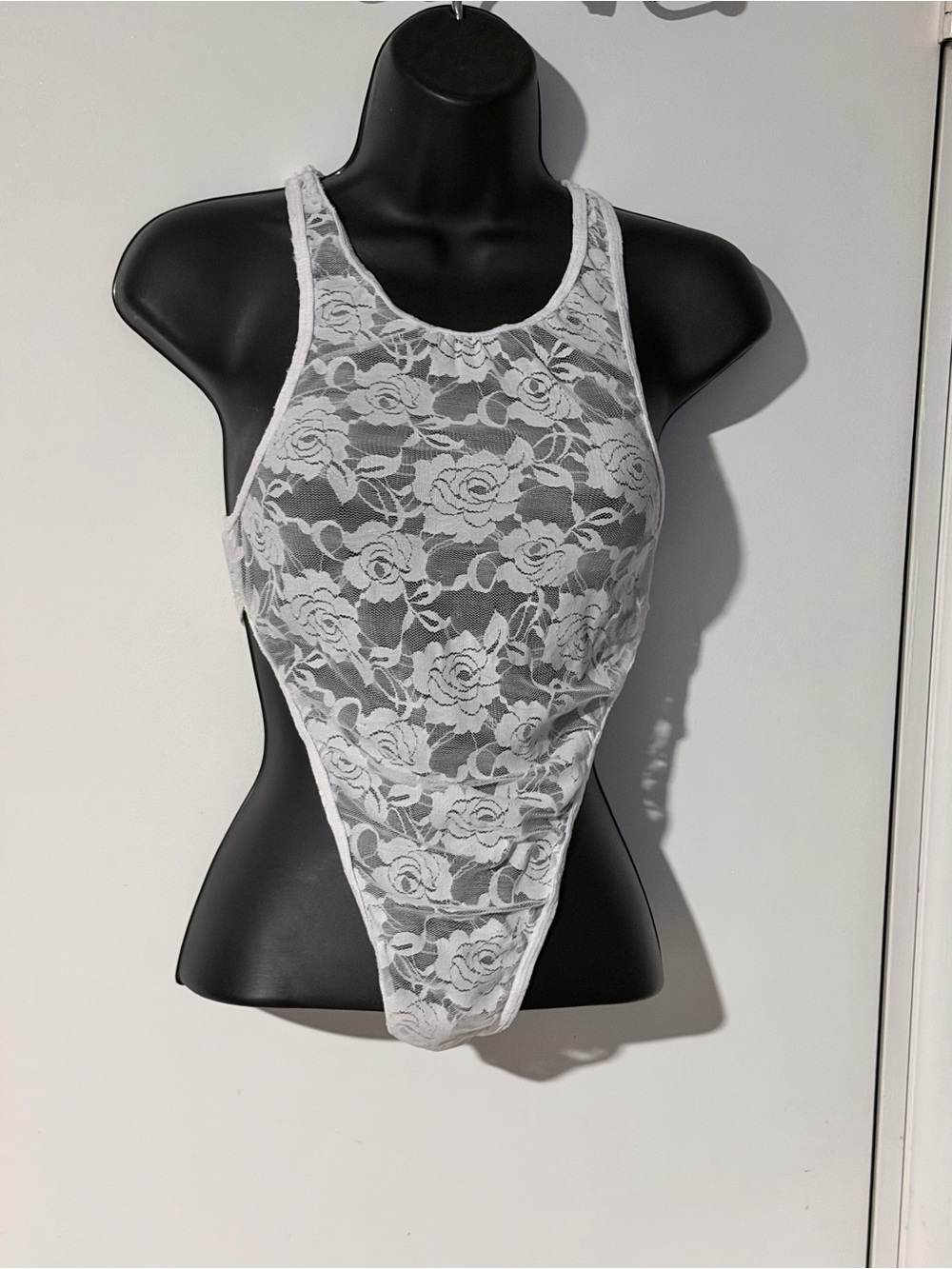 NWOT Women's Sheer White Floral Lace Bodysuit High Neck Thong